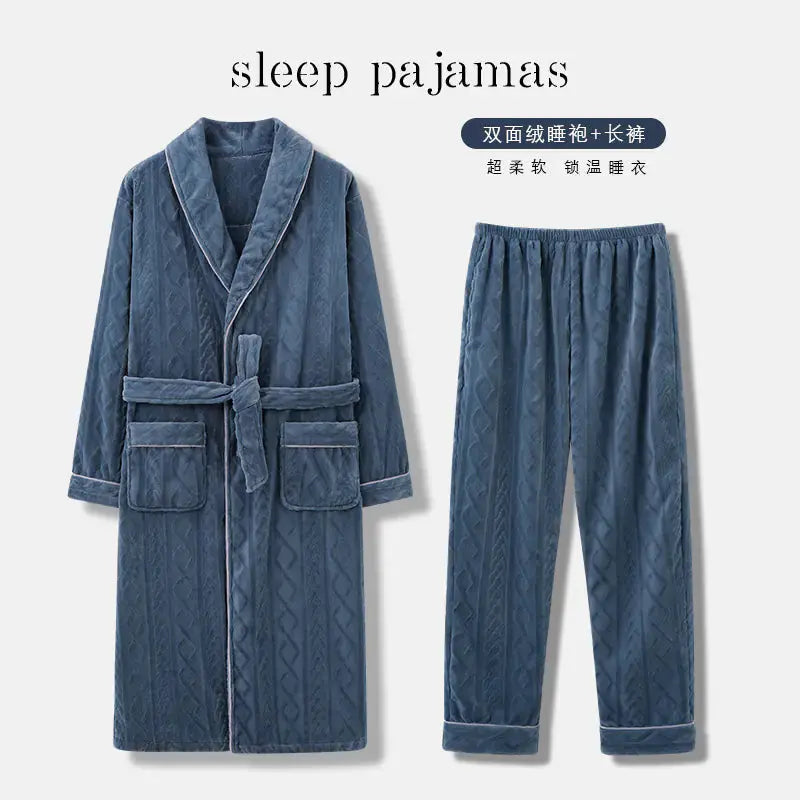Men's Coral Fleece Bathrobe and Pajama Set (2 Pieces) Austin Eleven