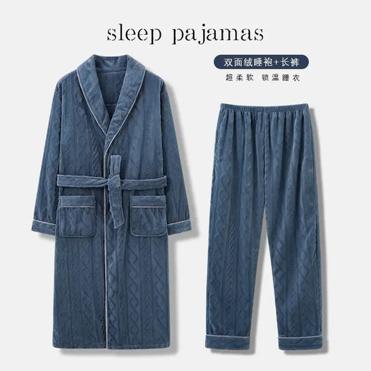 Men's Coral Fleece Bathrobe and Pajama Set (2 Pieces) Austin Eleven